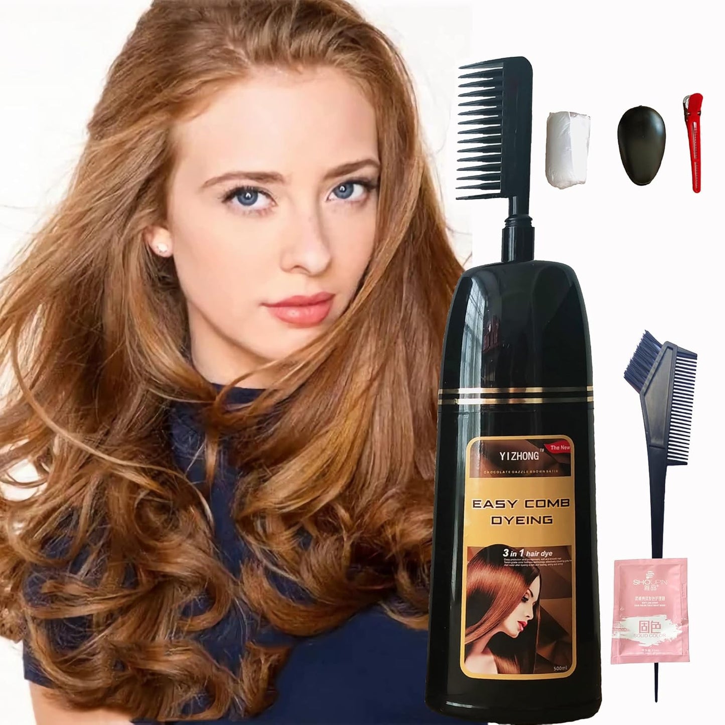Light Golden Brown Hair Dye Shampoo - Permanent Gray Coverage for Women & Men | 3-in-1 Easy Comb Application