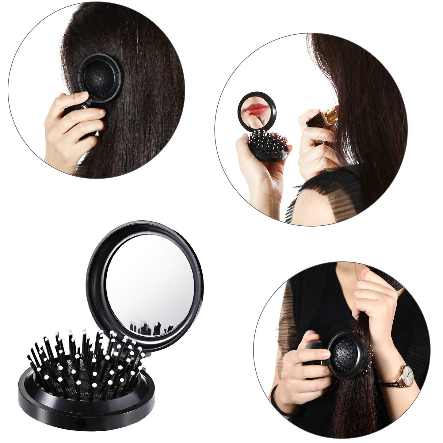 Boao 2 Pack Foldable Travel Mirror Hair Brushes Round Portable Folding Pocket Hair Brush Mini Comb Compact Travel Size Massage Comb for Men Women(Black,Round)