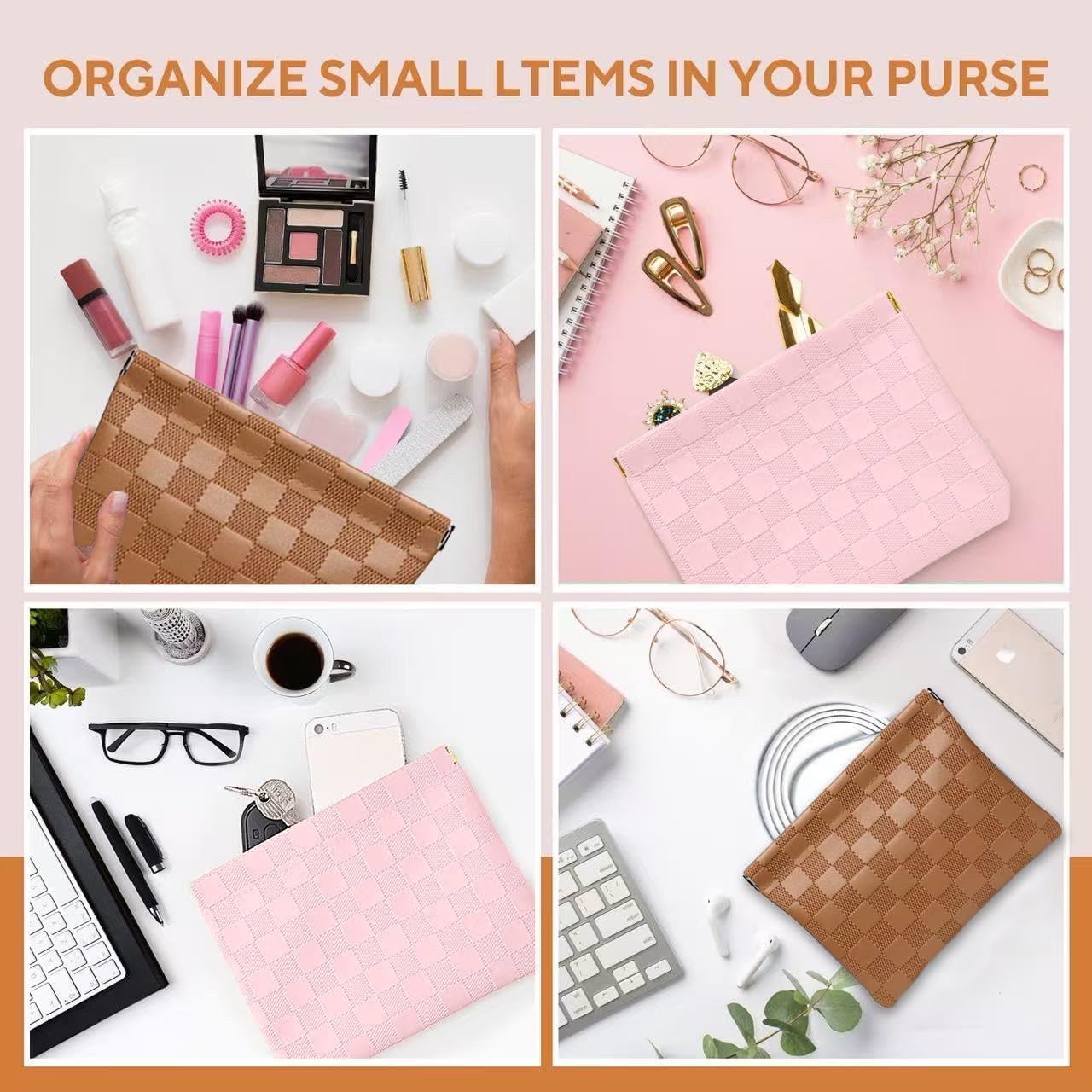 2-Pack Small Waterproof Checkered Makeup Bag - Portable Leather Travel Toiletry Bag Organizer with Snap Closure, Aesthetic Travel Storage Pouches for Women's cosmetic bag for purse (Pink&Brown)