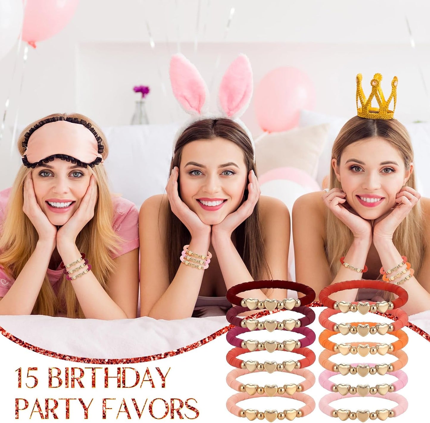 Quinceañera Party Favors - 25 Heart Beaded Bracelets with Thank You Cards | Perfect Birthday Gifts for Guests