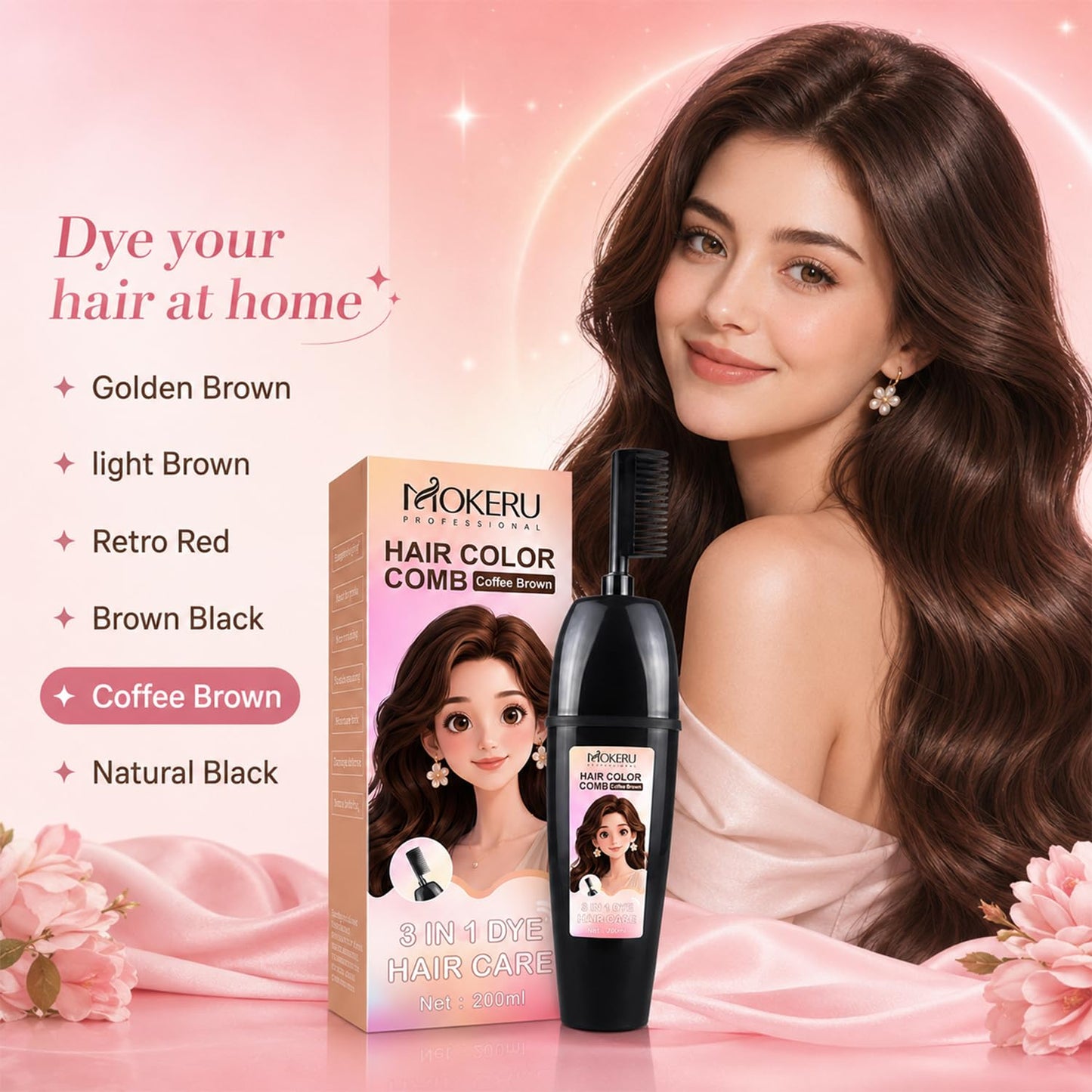 3-In-1 Herbal Hair Coloring Comb | Easy Hair Coloring At Home With Built-In Brush – No Mix, Ammonia-Free, Covers Grays & Nourishes with Argan Oil & Ginseng Suitable for All Hairstyles & Age (200ml)
