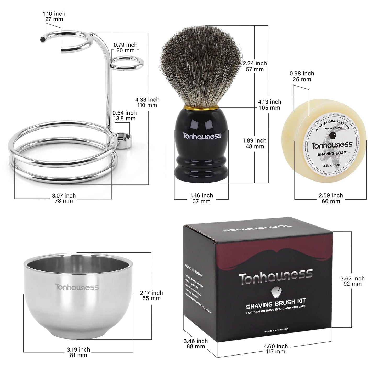 Badger Hair Shaving Brush With Wood Handle, Goat Milk Shaving Soap, Dual-ring Base Stainless Steel Shaving Stand Holder and 3 Layers Shaving Bowl for Men's Wet Shaving (Black With Badger Hair)