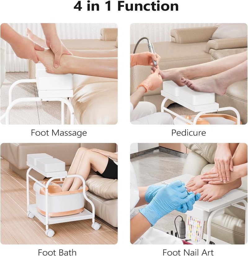Pedicure Cart - Portable Foot Bath Trolley with Adjustable Stool & Locking Wheels | White