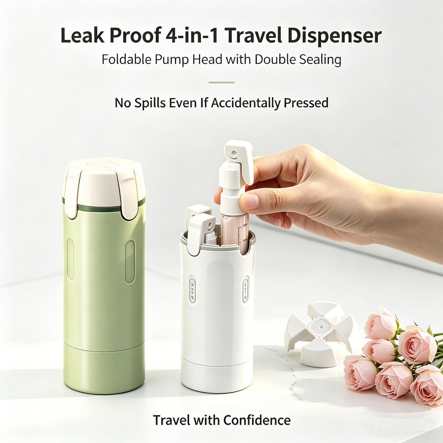 4 in 1 Travel Dispenser, Travel Bottles for Toiletries, No Squeeze Press Dispenser 30ML Leak Proof Travel Containers, Portable Refillable Shampoo Lotion Conditioner Bottles with Labels(2White)