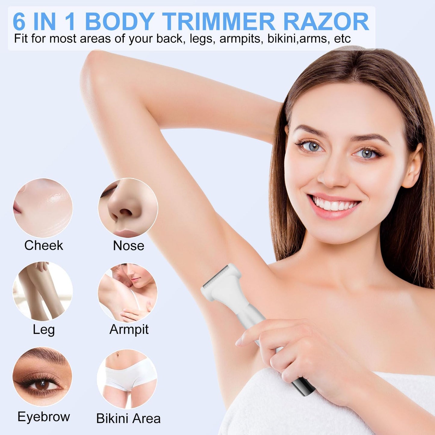 6 in 1 Bikini Trimmer and Shaver Kit for Women, Wet/Dry Electric Body Hair Trimmer Facial Hair Removal Cordless Waterproof Bikini Shaver Razor for Face Nose Eyebrow Arm Leg Pubic Armpit Bikini