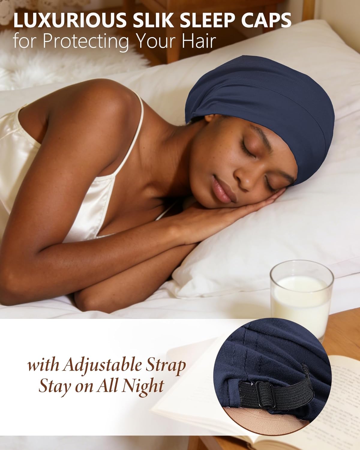 Mulberry Silk Bonnet for Sleeping | Real Silk Lined Sleep Cap for Curly Hair - Black