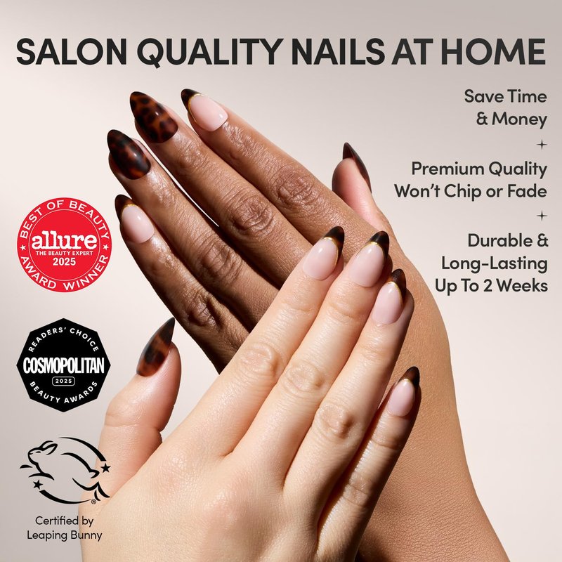Glamnetic Press On Nails - KILLAZILLA Tortoiseshell French Tips | Short Almond | 30 Nail Kit with Glue, 15 Sizes