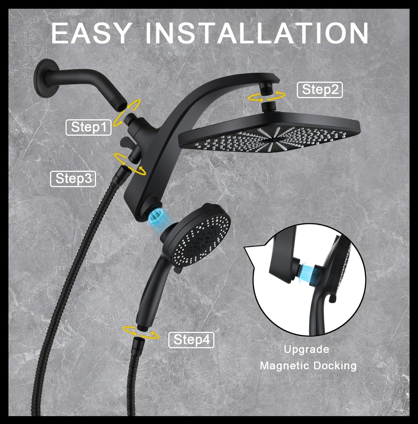 Rain Shower Head with Handheld - High Pressure 12" Rainfall & 9 Spray Options | Magnetic Docking, Black