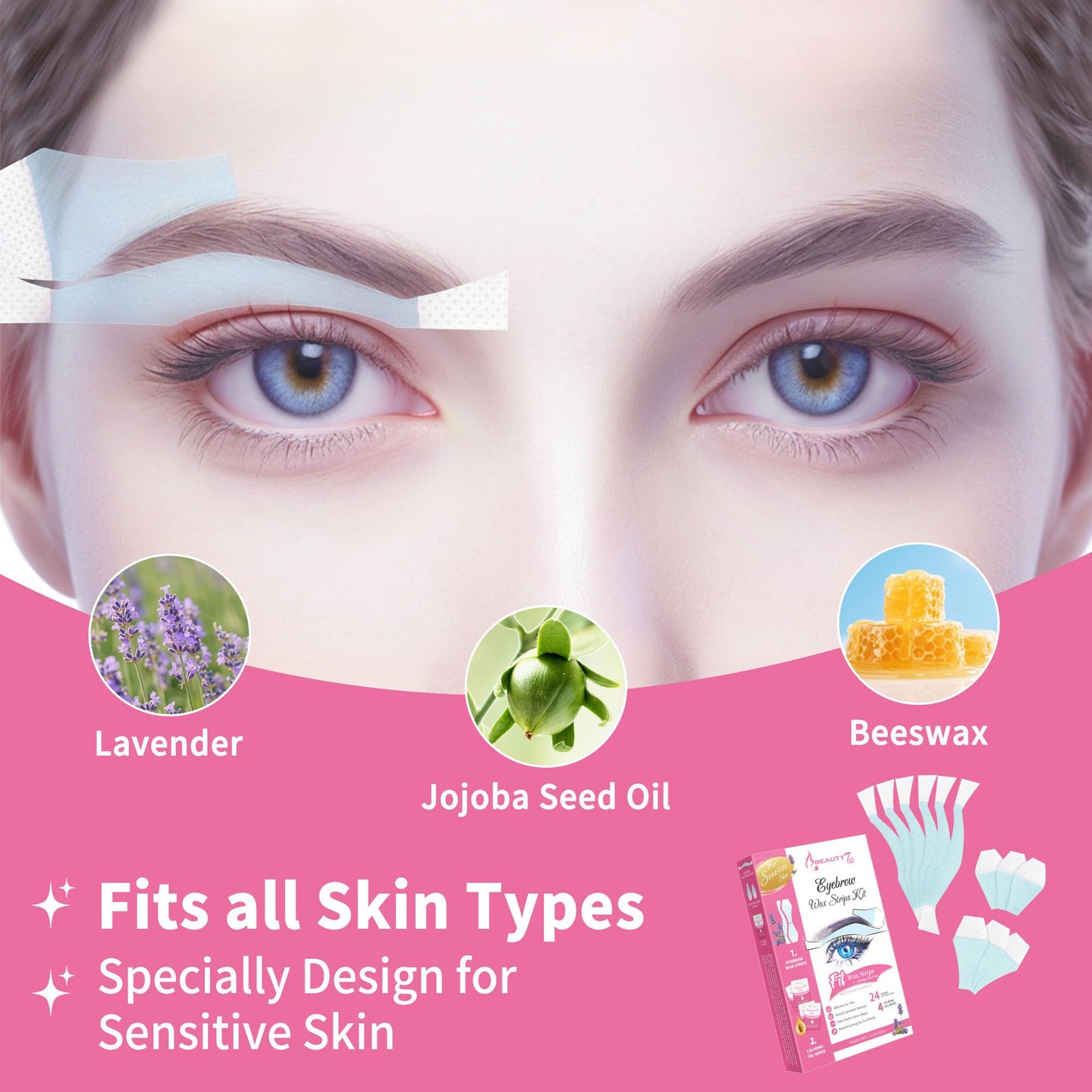 Beauty7 Sensitive Eyebrow Wax Strips, Facial Hair Removal for Women, Eyebrow Waxing Strips, with 24 Strip 4 Calming Oil Wipes, Home Waxing for Sensitive Skin Types