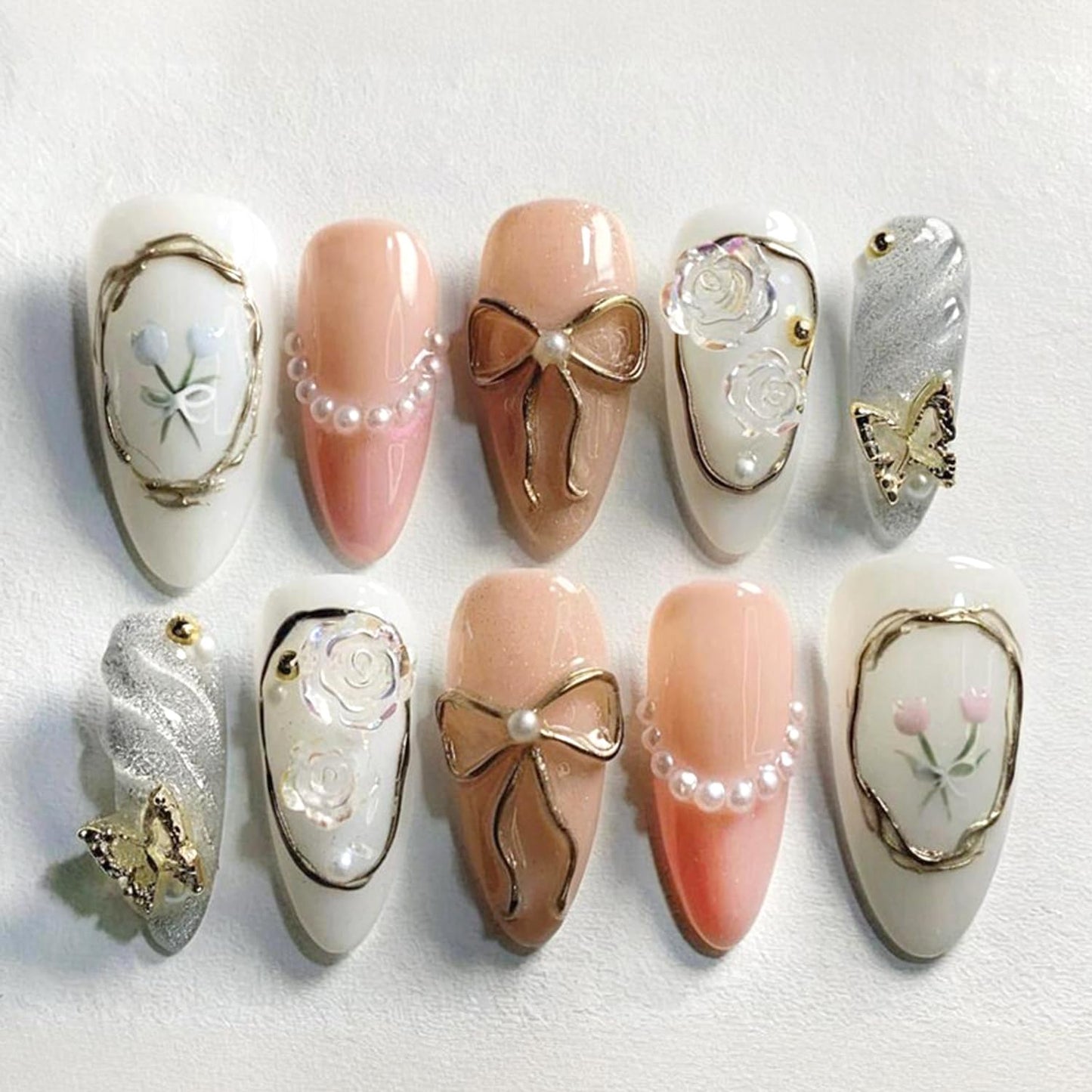 Press-On Nails - 24Pcs Medium Almond Fake Nails with Lotus & Lucky Koi Design | Glossy Full Cover for Spring/Summer DIY Manicure