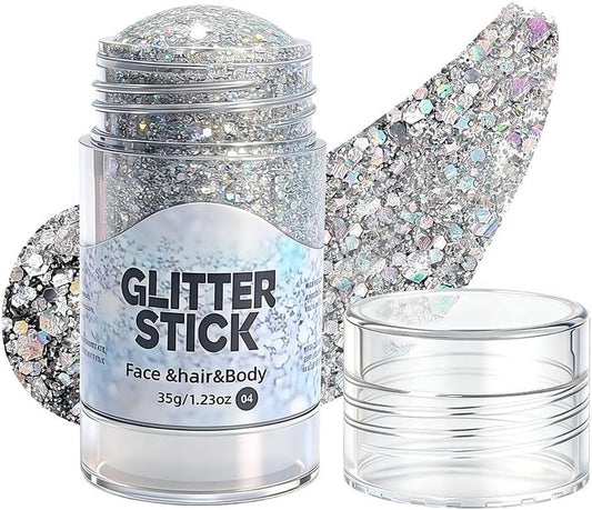 Red White Blue Glitter Stick - Patriotic Face & Body Makeup for 4th of July | Festival Party Accessory (Silver-Gray)