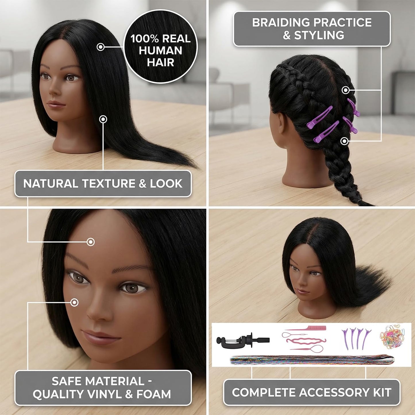 Human Hair Mannequin Head - 16 Inch Braiding Practice Head with Clamp Stand | Black