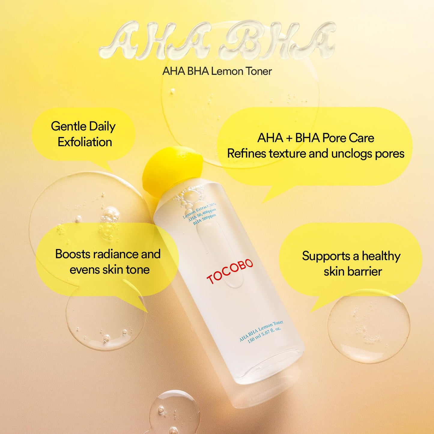 TOCOBO Korean Skincare AHA BHA Lemon Facial Toner – 38% Lemon Extract Vitamin C Brightening Skin Toner, Daily Exfoliating Face Liquid for Dead Skin Cells, Vegan K-Beauty, 5.07 Fl Oz