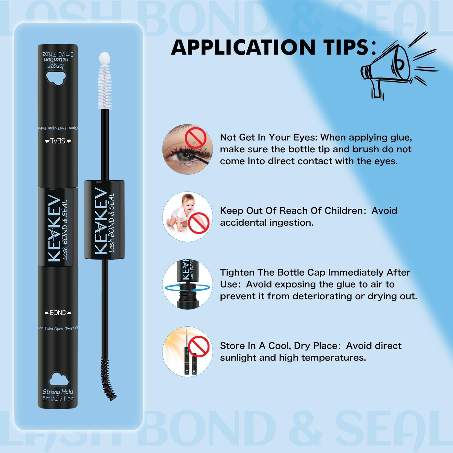 KEVKEV Lash Cluster Glue, Bond And Seal Lash Glue, 2 in 1 Waterproof Lash Bond & Seal for Clusters Strong Hold 72H+ Oilproof Latex-Free Easy To Apply (10ml, Black)