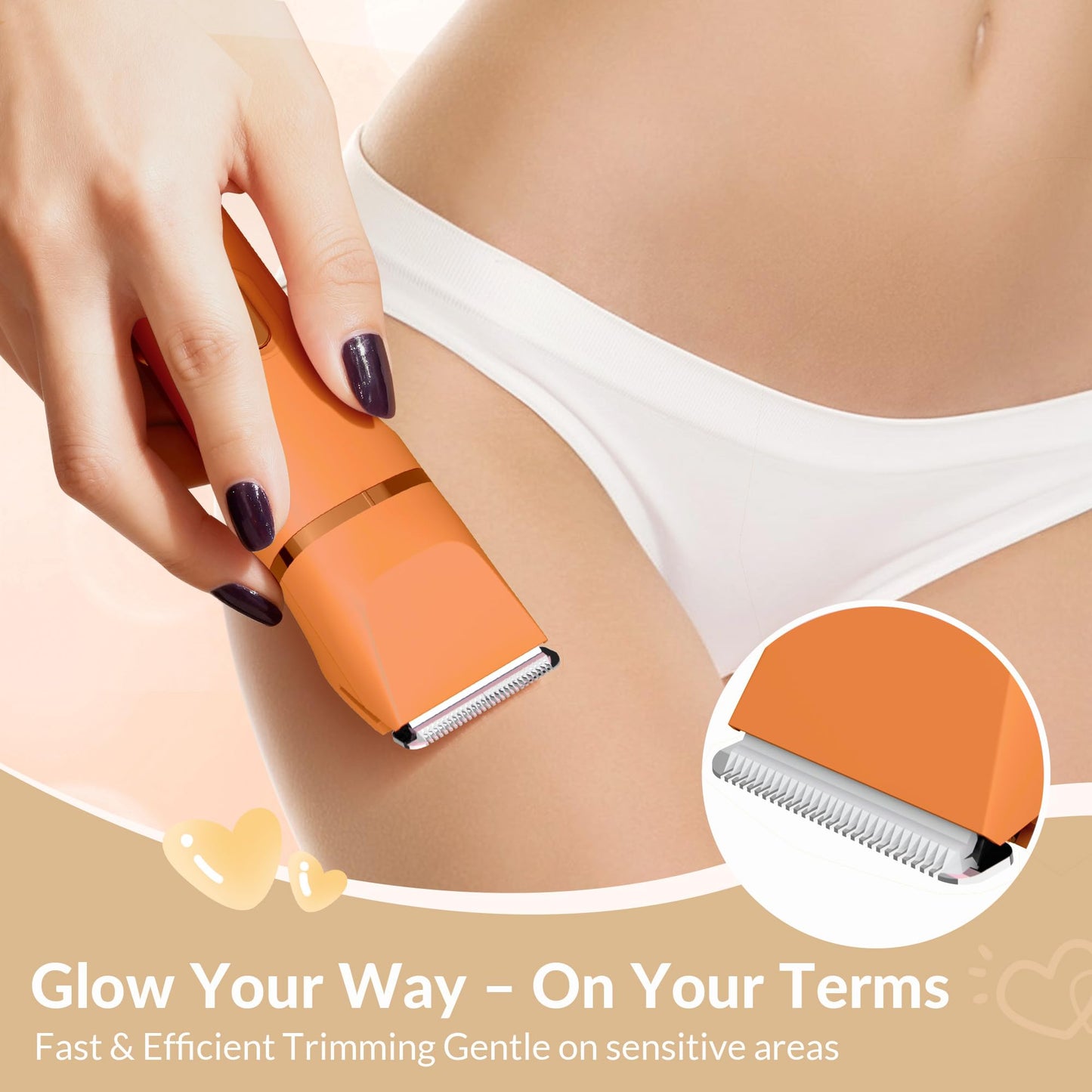 KINGTEE 5-in-1 Electric Bikini Trimmer for Women – IPX7 Waterproof Shaver, Cordless Body & Facial Razors for Women, Ceramic Blades, USB-C Rechargeable, Painless Hair Removal Kit (Pure Orange)