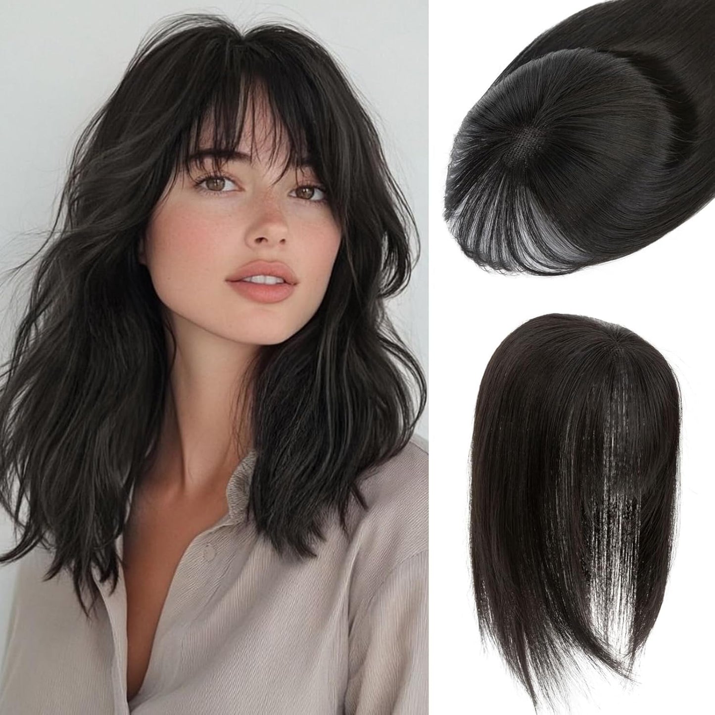 Human Hair Topper with Bangs - 360° 3D Cover Hairpiece for Women | Grey 12 Inch