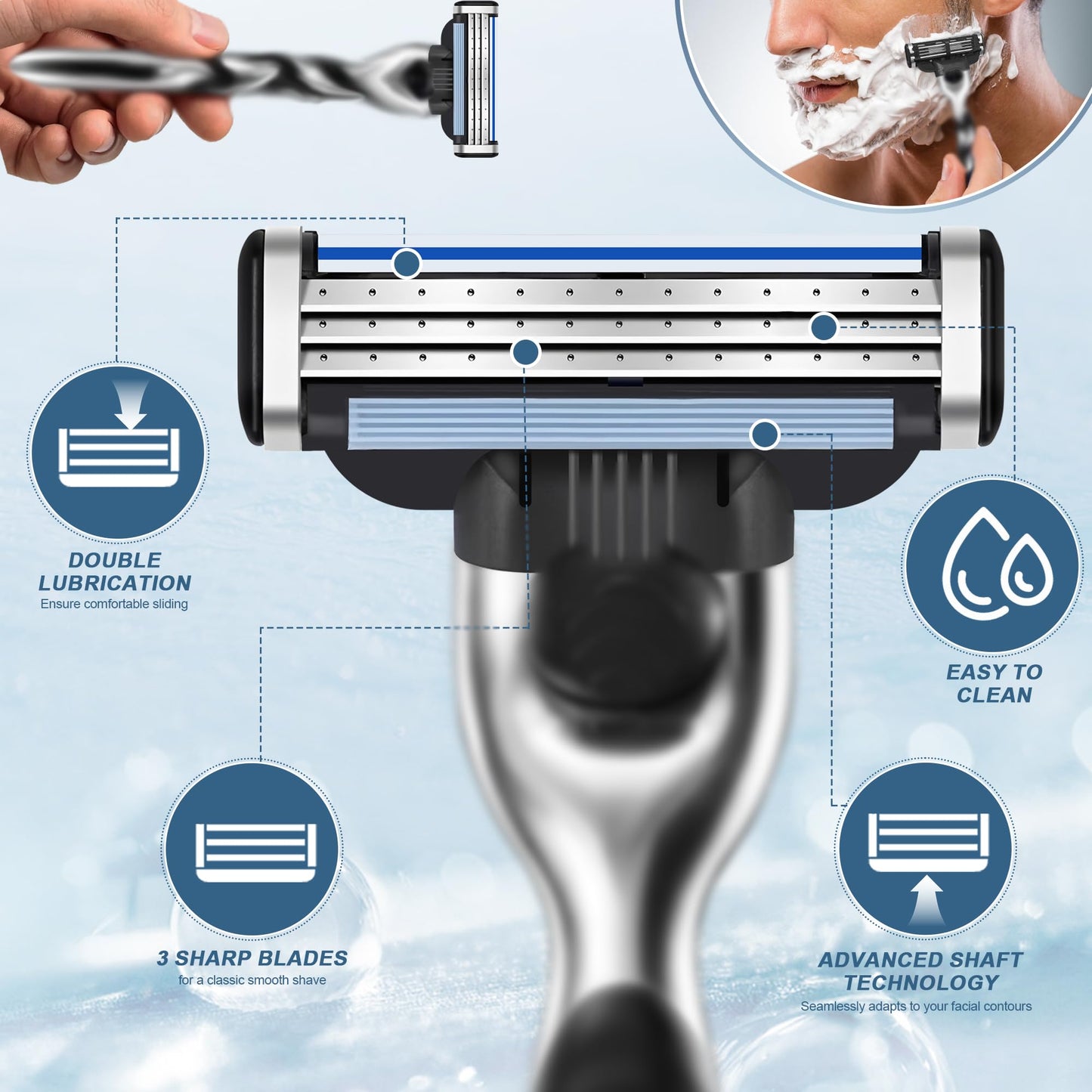 Razor Refills for Men, 24 Count 3-Blade Shaving Blades with Dual Lubrication, Compatible with Mach3 Razor Handles - Value Pack