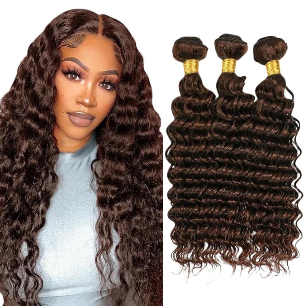 Color #4 Human Hair Bundles Brown Deep Wave Bundles Peruvian Virgin Remy Hair 3 Bundles 26 28 30 Inch Double Weft Dark Brown Hair Weave