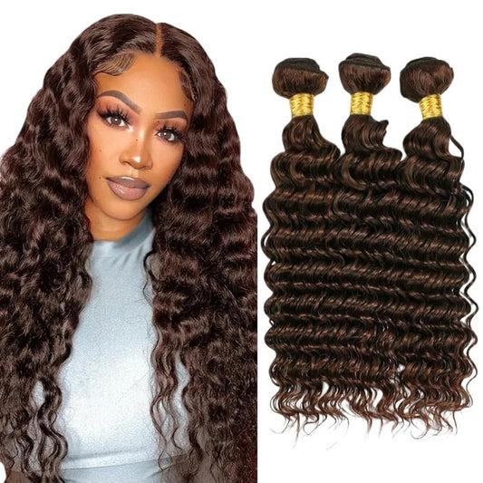 Color #4 Human Hair Bundles Brown Deep Wave Bundles Peruvian Virgin Remy Hair 3 Bundles 26 28 30 Inch Double Weft Dark Brown Hair Weave