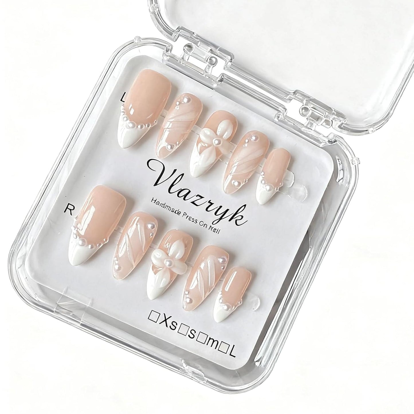 Brown French Tip Press On Nails - 3D Metallic Rhinestones | Medium Almond Reusable Acrylic False Nails (10 PCS)