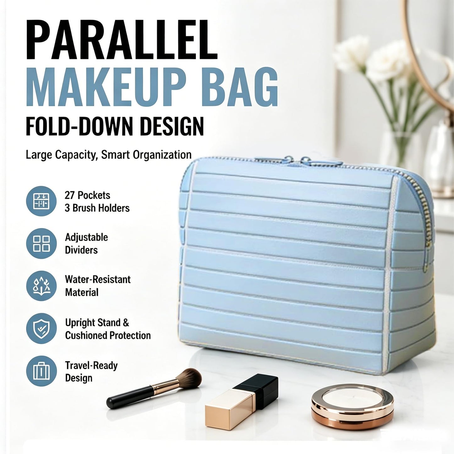 Makeup Bag Fold-Down - Large Capacity Travel Cosmetic Organizer with 27 Pockets, 3 Brush Holders & Adjustable Dividers, Portable Toiletry Case for Daily and Travel Use (Brown)