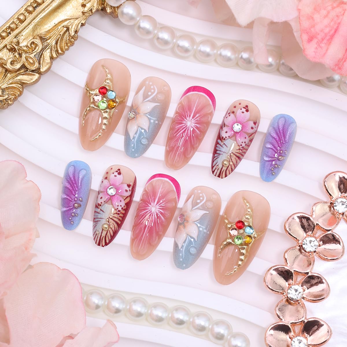 Short Almond Press-On Nails - 24 Pcs French Tip with Leopard Print & Gold Beads | Reusable Acrylic Nail Designs for Women