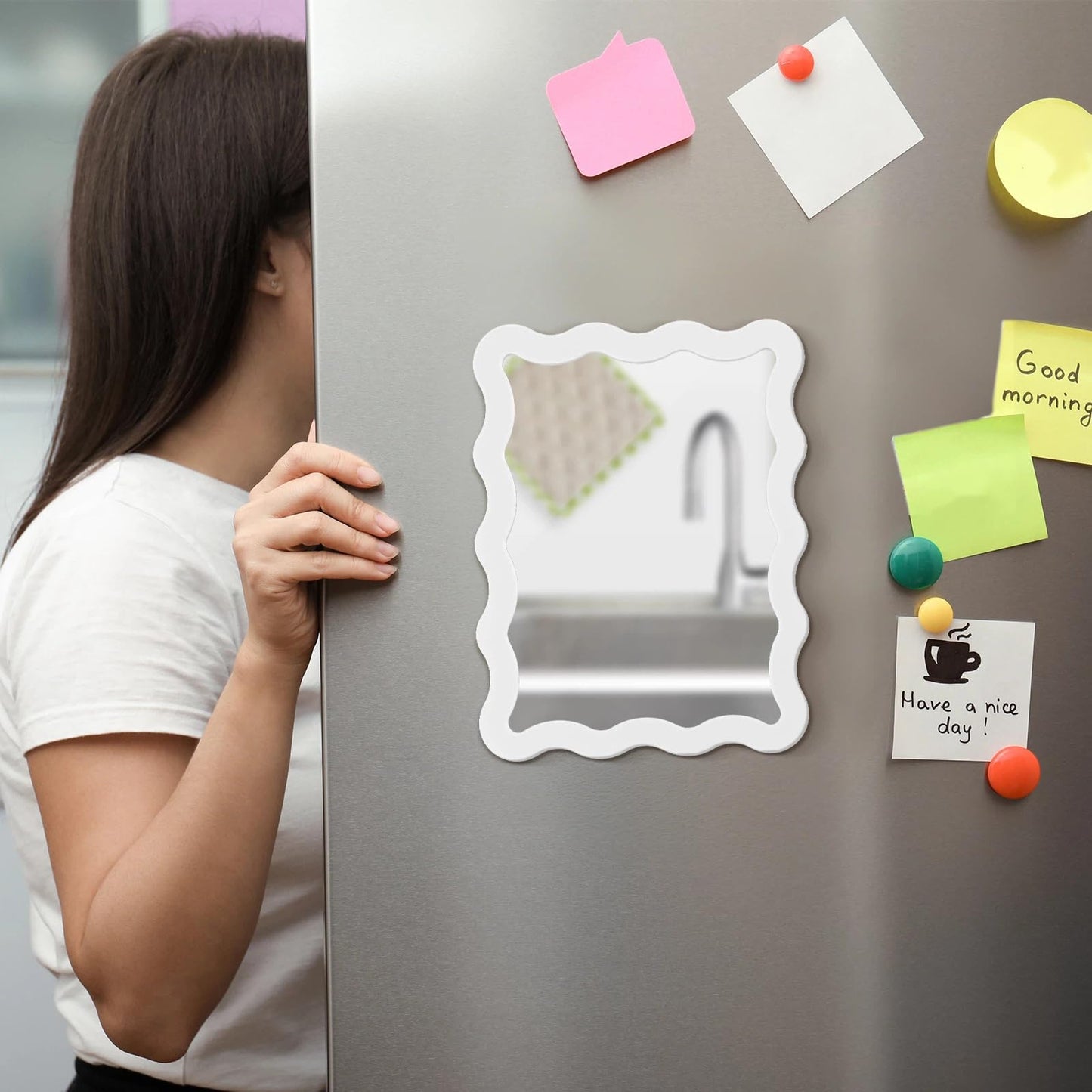 Leinuosen 7x9'' Scalloped Magnetic Locker Mirror Real Glass Makeup Mirror with Magnetic Backing Cute Locker Decorations for Office Cabinet Lockers Accessories(White)