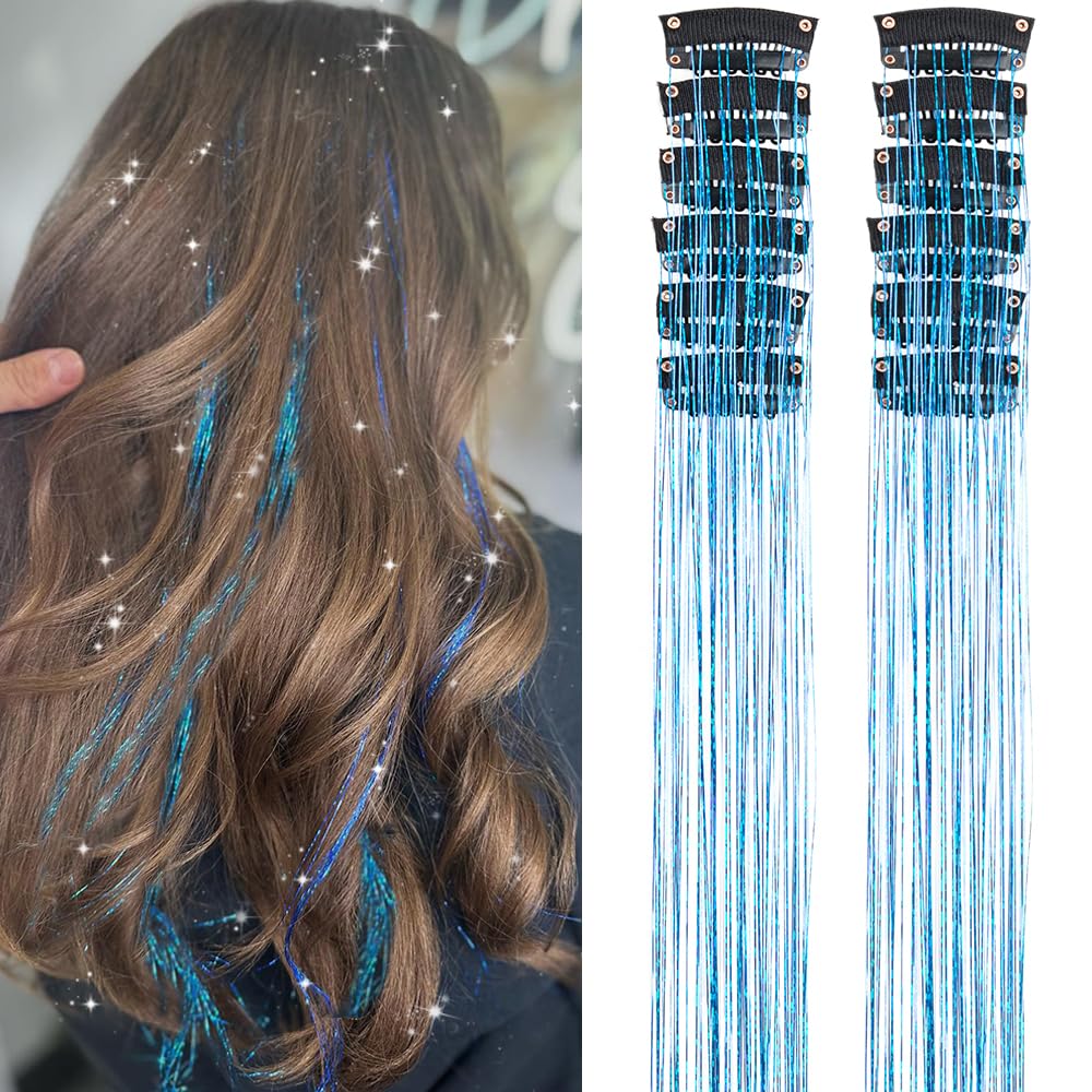 Clip In Hair Tinsel Extensions - 20 Inch Glitter Strands for Festivals | 12 Pcs Black Dazzle Kit for Women & Girls