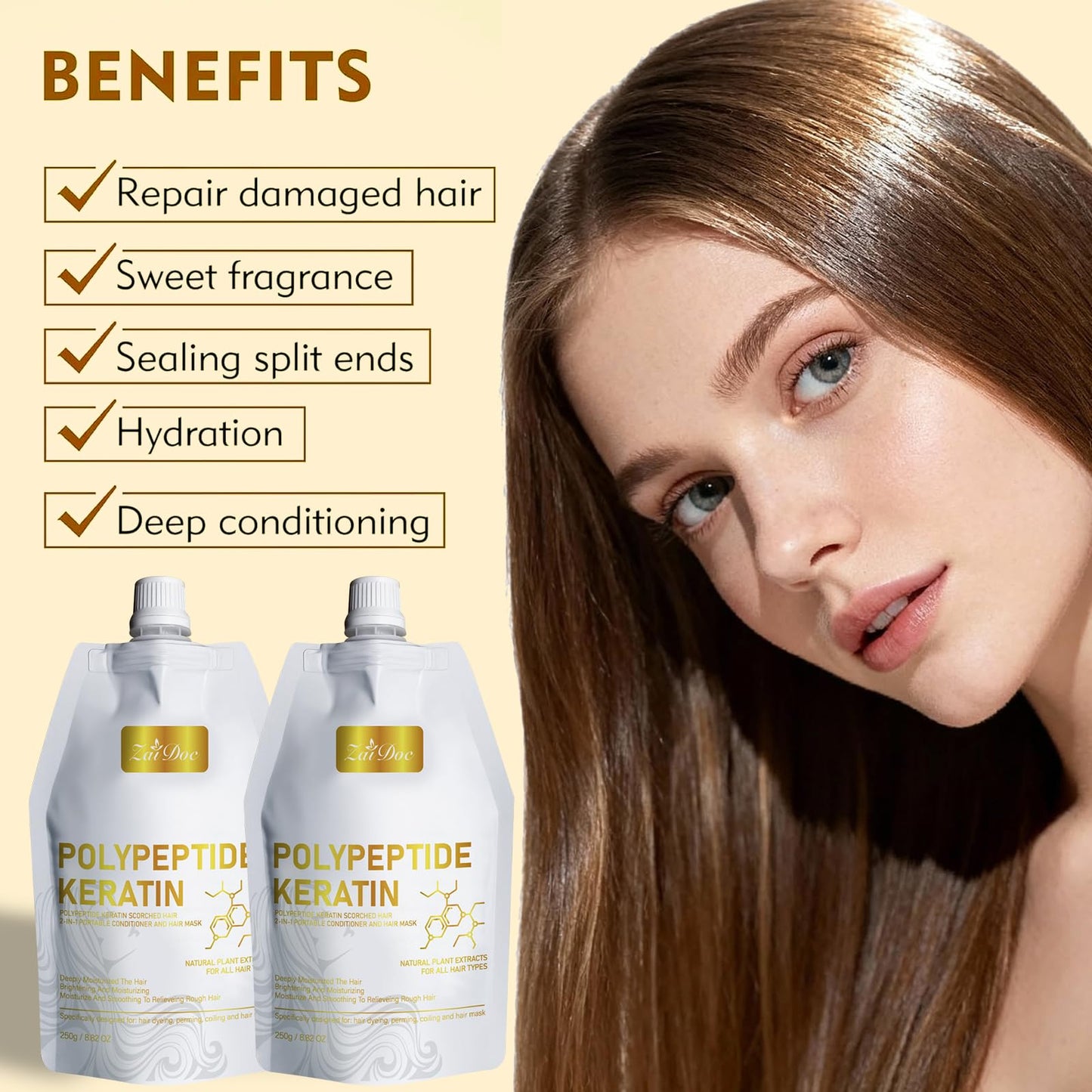 ZAIDOC Keratin Hair Mask, 2 Pcs Peptide Deep Conditioner Treatment for Damaged, Dry, Color Treated Hair, Intensive Repair with Jojoba&Rosemary Oil, 8.82oz