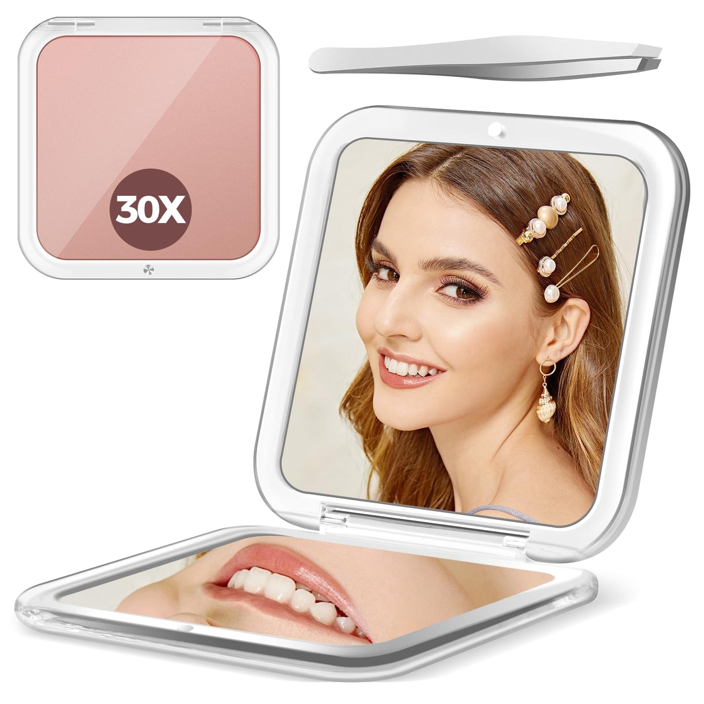MOMOKUBA 30X Magnifying Mirror, Compact Travel Mirror for Purse & Pocket, Double-Sided Makeup Mirror with Tweezers, Portable Mirror for Eyebrow Plucking, Daily Beauty and Travel Essentials, Rose