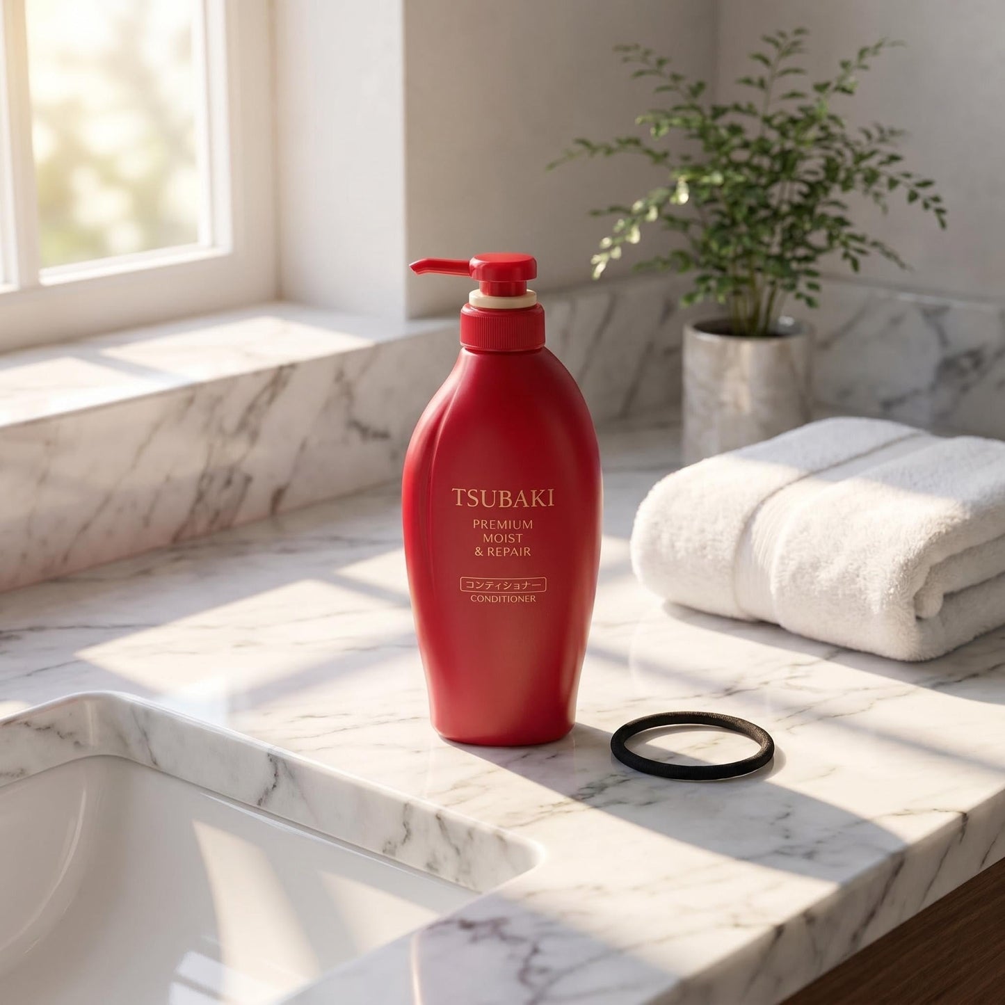 TJ SIGNATURE TSUBAKI Premium Moist & Repair Conditioner - 0-Second Salon Hair Treatment with Red Camellia Oil for Dry, Damaged & Frizzy Hair - Includes Exclusive Hair Tie - 490ml (16.6 fl oz)