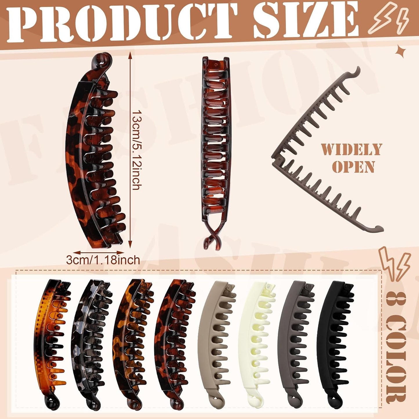 Banana Hair Clips for Women - 8PCS Cute Tortoise & Solid Color Claw Clips | All-Day Hold for Thin/Thick Hair
