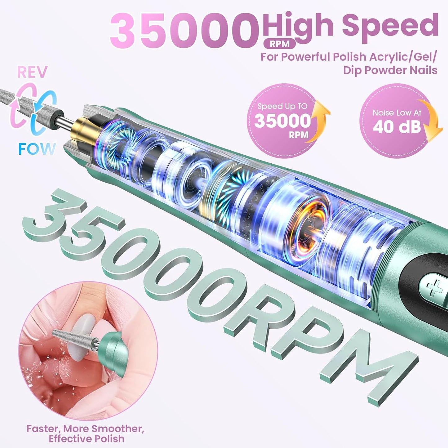 Cordless Nail Drill - 35000RPM Electric Nail File for Acrylic Gel Nails | Rechargeable Manicure Pedicure Kit with LCD Display - Green