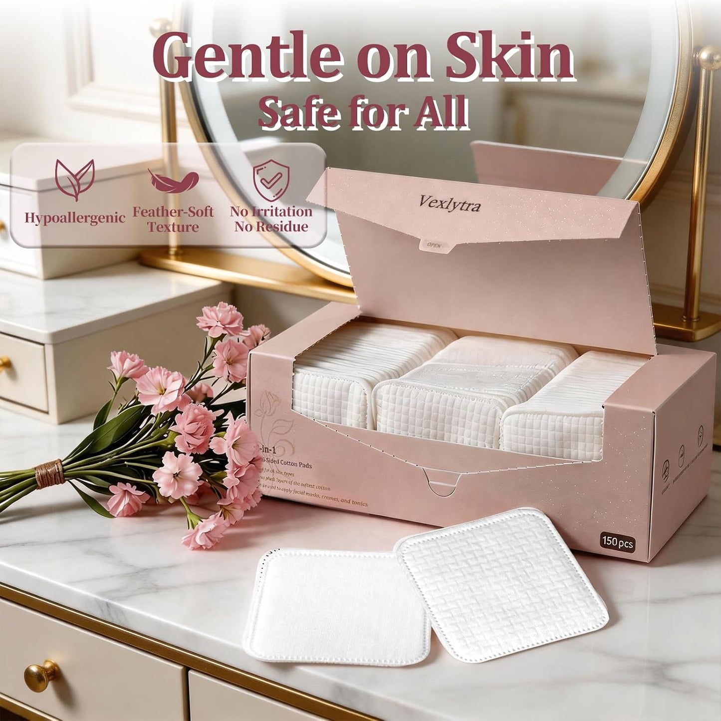 Large Cotton Pads for Face - Lint-Free, Triple-Layer Makeup Remover | 150 Count, No Tear, Upgraded Edges
