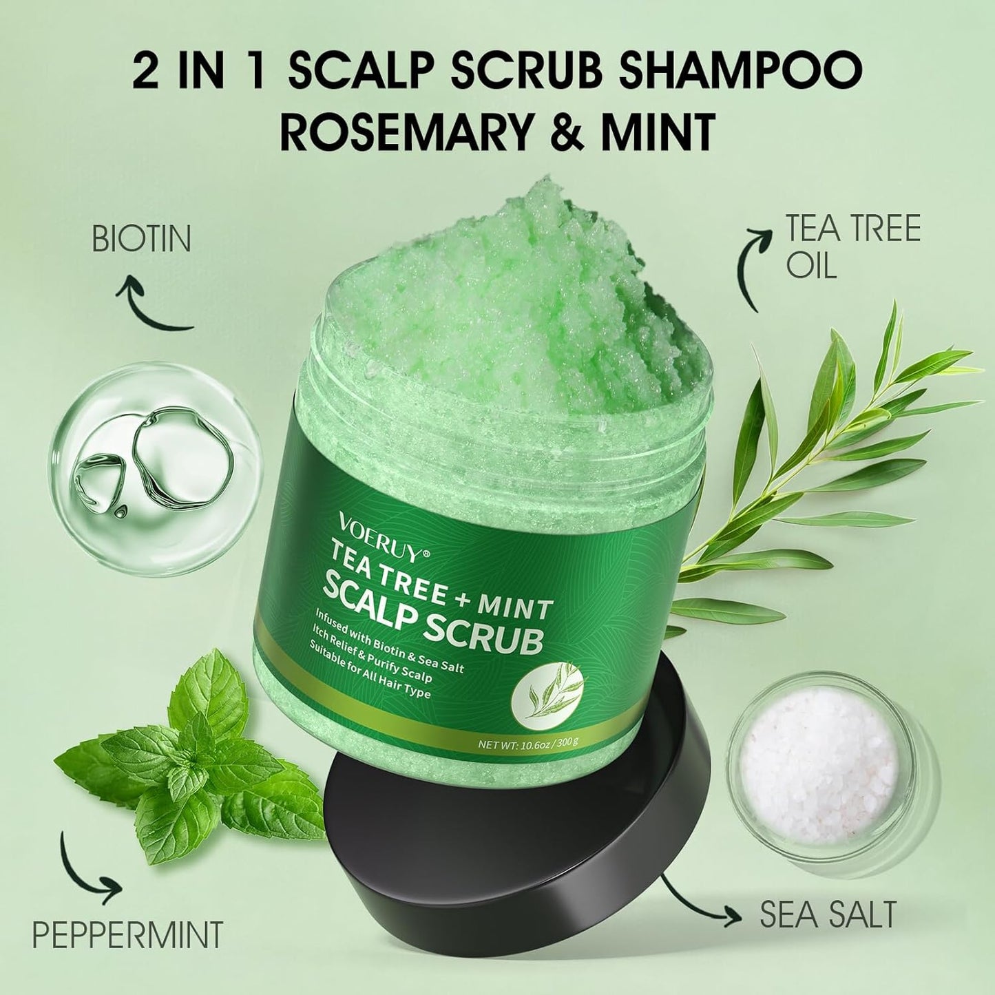 Tea Tree Scalp Scrub - Exfoliating Shampoo with Mint Oil & Silicone Massager | 10.6oz/300g
