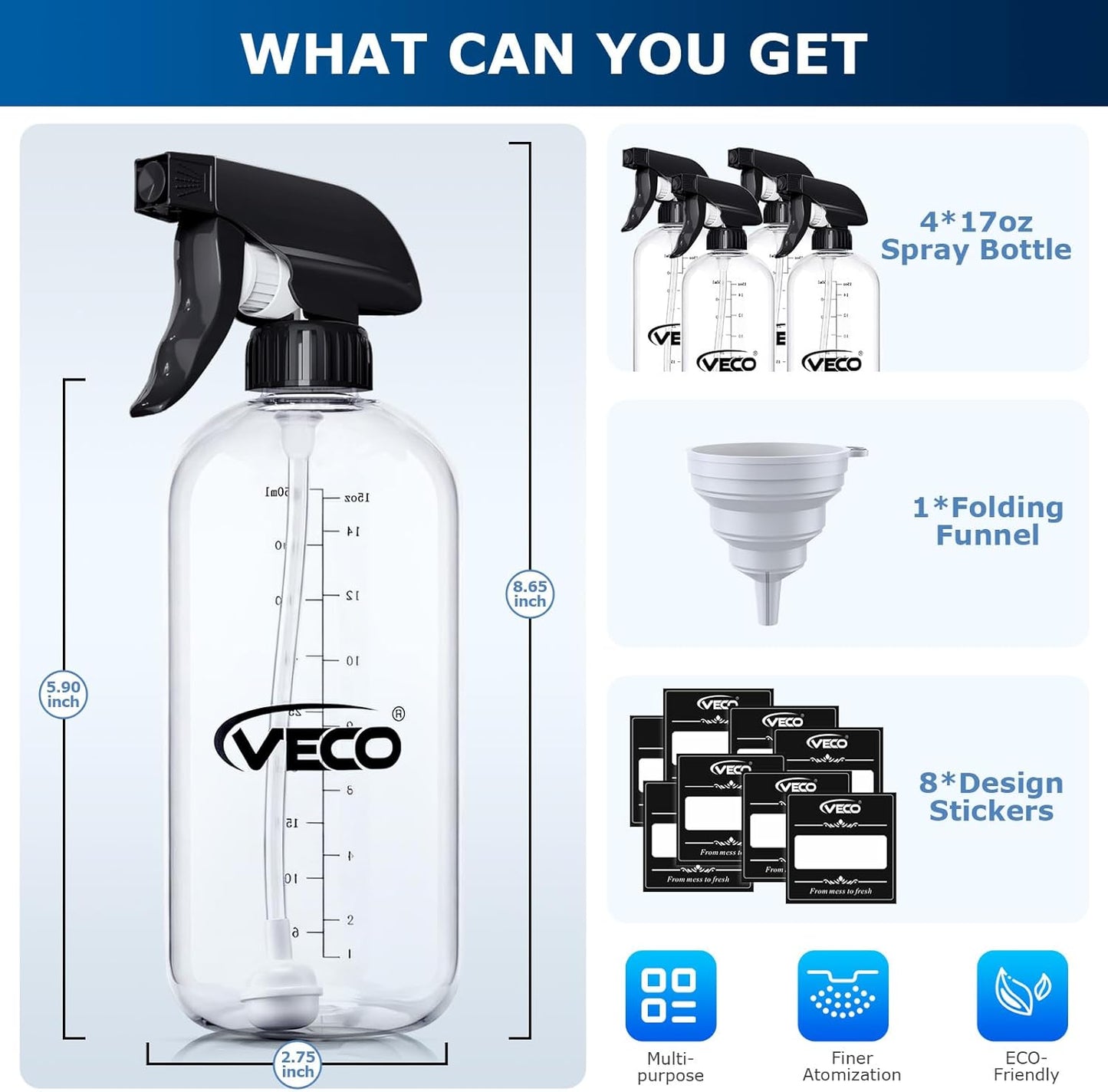 Veco Graduated Spray Bottles - 500mL (17oz) Leak-Resistant 360° Any-Angle Spraying | Perfect for Cleaning, Plants, Hair & Pets