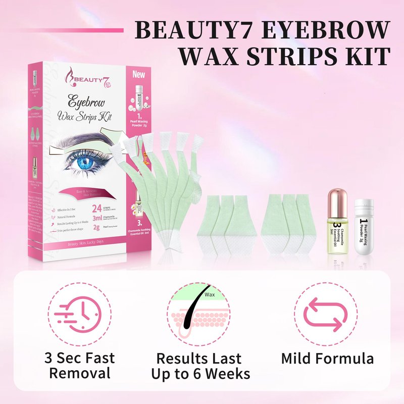 Beauty7 Hair Removal Kit, Eyebrow Wax Strips Kit Facial Wax Strips 24 Strips with Pearl Powder Essential Oil for Sensitive All Skin Types Women