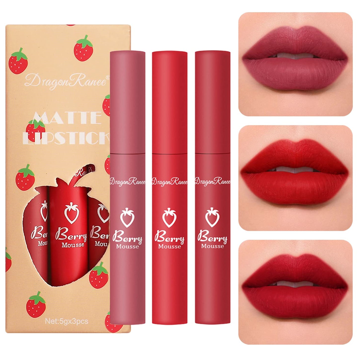 Dark Red Matte Lipstick Set - Long-Lasting Velvet Crayon Lip Stain | 3 Pcs, 24-Hour Waterproof Wear