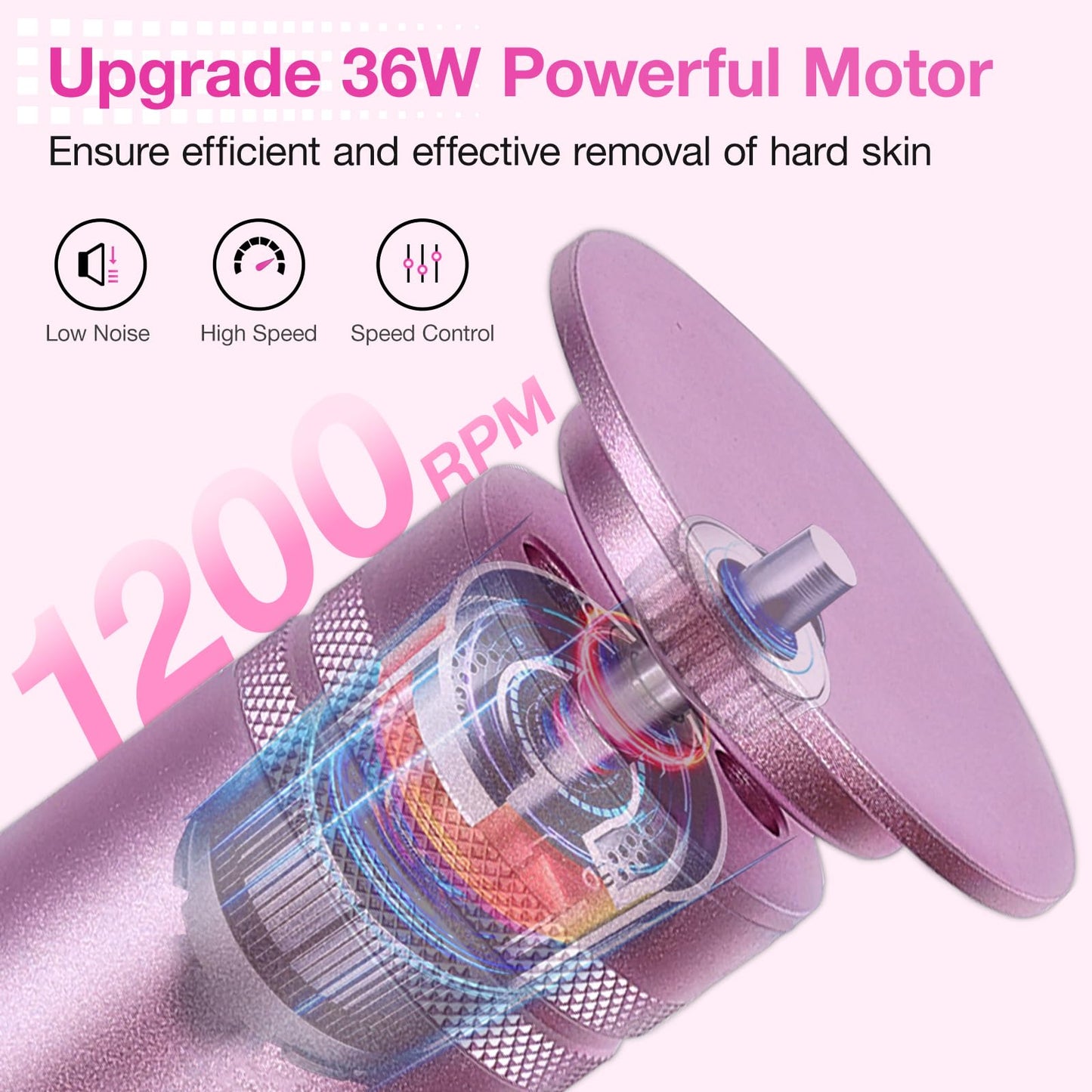 Hocent Upgrade 1200RPM Electric Callus Remover for Feet, Powerful Electric Foot File with 60 Sandpaper Discs, Adjustable Speed, Plug-in Pedicure Tool for Cracked Heels & Dead Skin, Pink