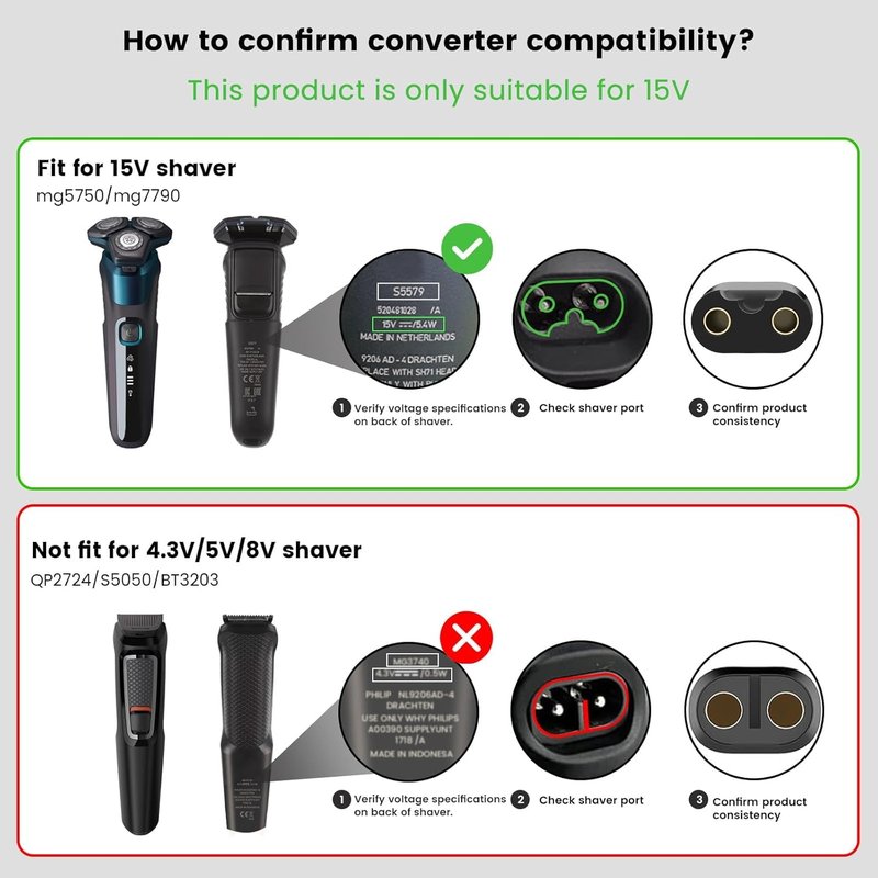 Newding 15V Compatible with Philips Norelco Charger, HQ8505 Razor Power Cord for (Older Shaver) Series 3000 5000 6000 7000 9000, Multigroom MG5750 MG7750 MG7770 MG7790 BodyGroomer BG7030 BG7040 BG5025