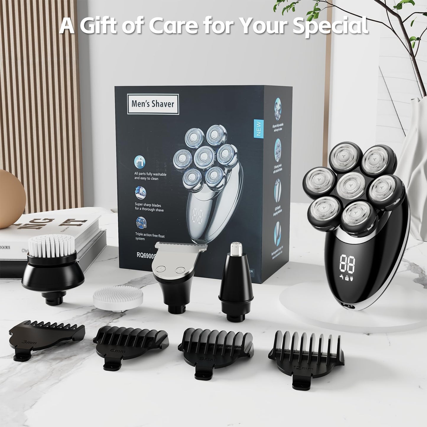 Head Shaver for Bald Men, 7D Electric Rechargeable Wet/Dry Shaving Razor with LED Display, 5-in-1 Grooming Kit Waterproof Bald Head Trimmer, Ideal Gift for Men (Black)