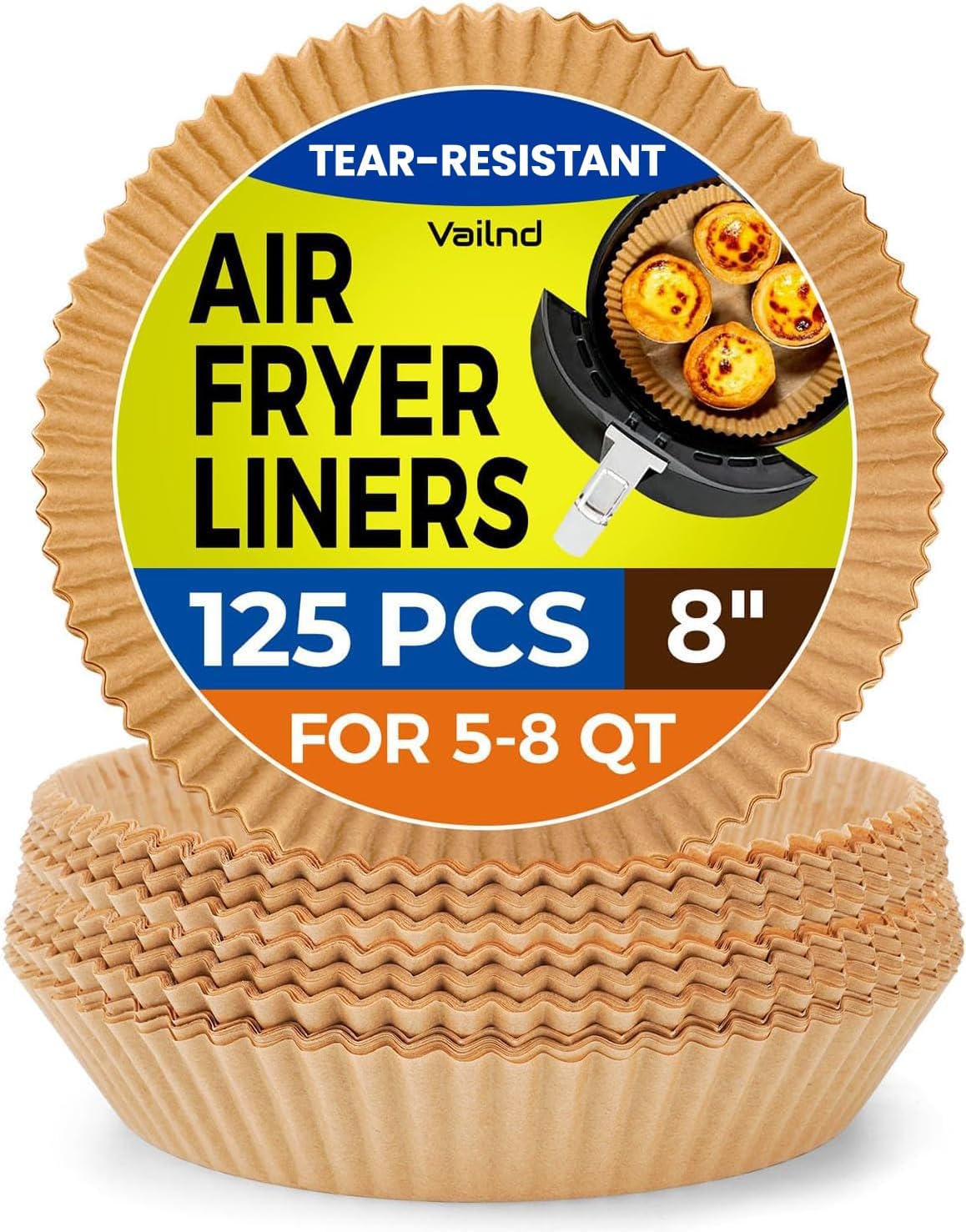 Air Fryer Paper Liners - 125 Pcs Non-Stick Parchment Paper for Microwave | 8-Inch Square, Bleach-Free