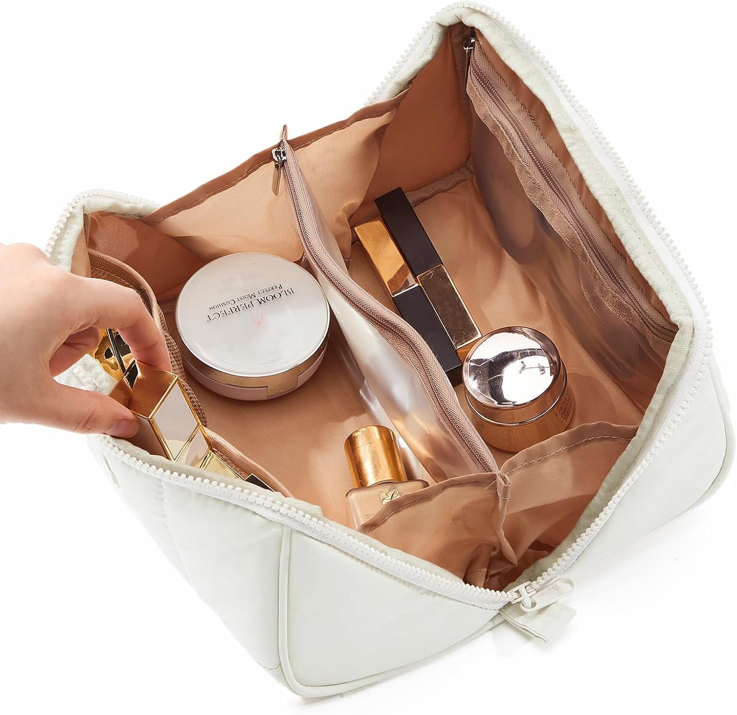 Travel Makeup Bag for Women - Fluffy Lightweight Open Flat Organizer | Multiple Dividers, Beige