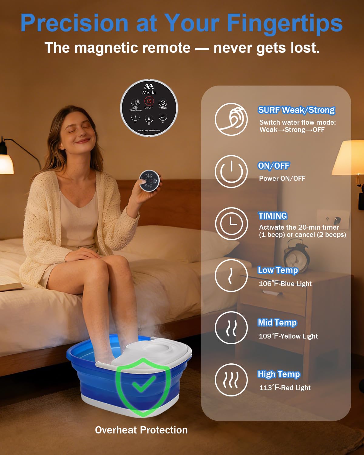 Misiki Collapsible Foot Spa Bath with Heat, Remote Control & 16 Massage Rollers, Fast Heating Pedicure Tub for Relaxing Tired Feet, Foot Soaker with Surf & Red Light, Fits Men Size 12 (Royal Blue)