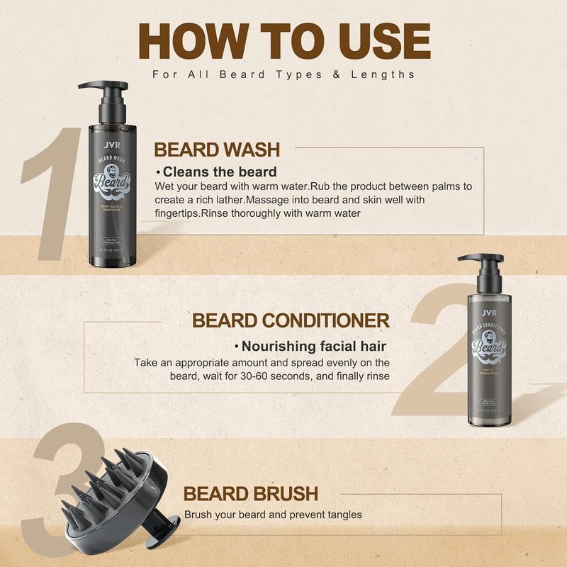 JVR Beard Wash and Beard Conditioner for Men, Beard Shampoo Cleanse and Reduces Frizz, Soften & Strengthens, Organic with Coconut, Aloe, Provides Shine for Dry & Coarse Beards, Beard Care (6.7oz)