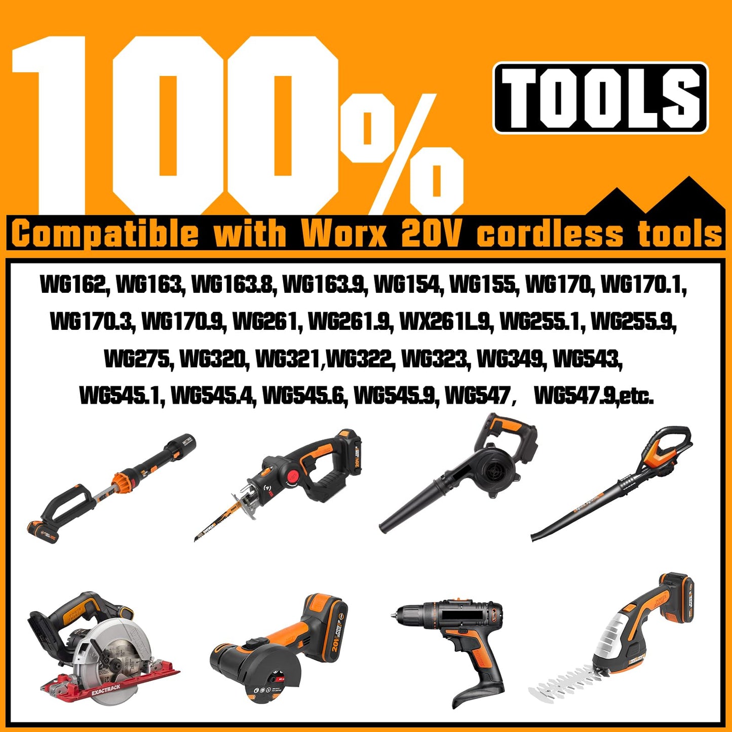 Mounzuikue Upgraded 2Packs 8.0Ah Replacement for Worx 20V Battery Lithium-ion Power Share Max WA3525 WA3575 WA3575 WA3578 WA3520 WA3742 WG155s WG251s WG890 Compatible with Worx battery 20V Power Tools