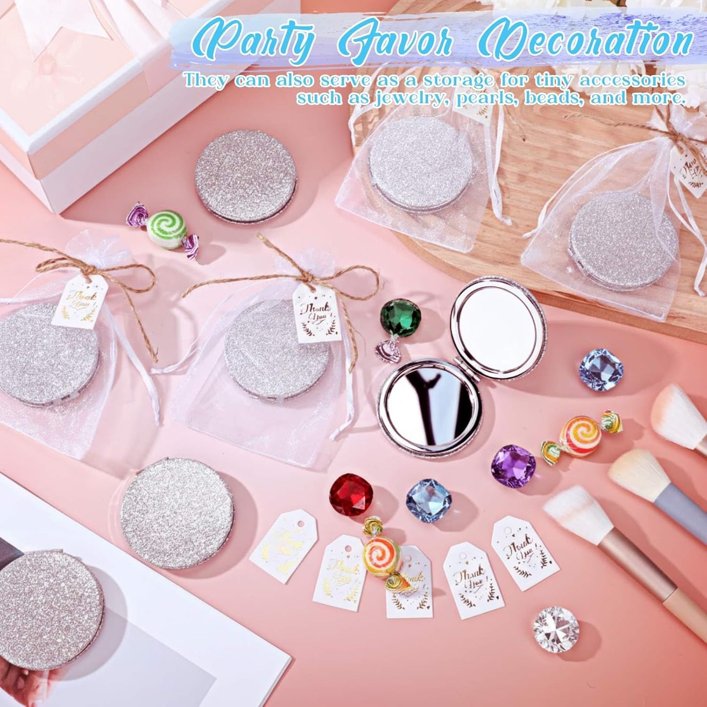 Compact Magnifying Mirrors - 30 Sets with Thank You Cards | Quinceanera Party Favors, Bridal Shower Gifts, Silver