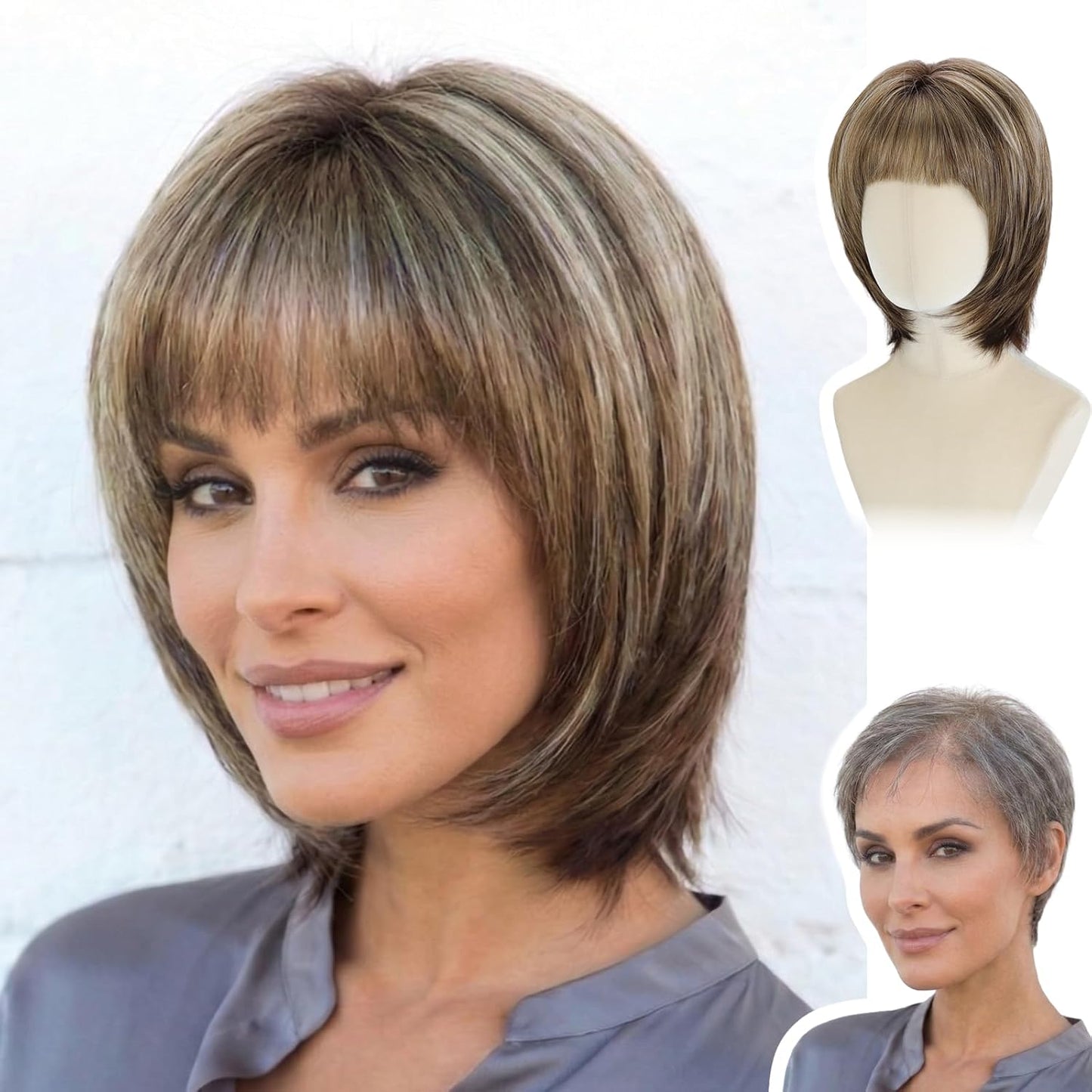 Short Pixie Wig for Women | Curly Ash Blonde with Dark Roots - Heat-Resistant Synthetic Wig with Bangs, Lightweight Cap