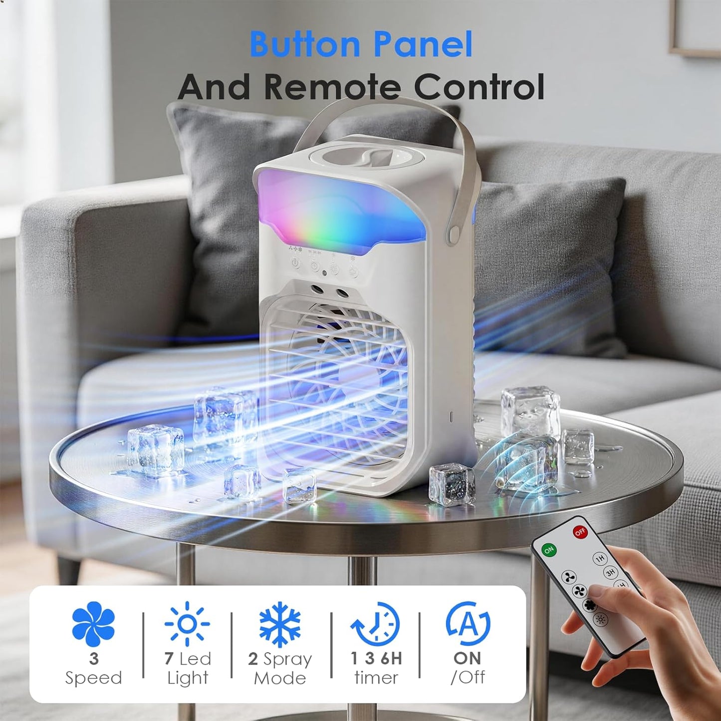 Portable Air Conditioner - 4-in-1 Cooling Unit with 3 Fan Speeds & 1600ML Water Tank | Remote Control & 10 Color Night Light for Home, Office, Outdoor