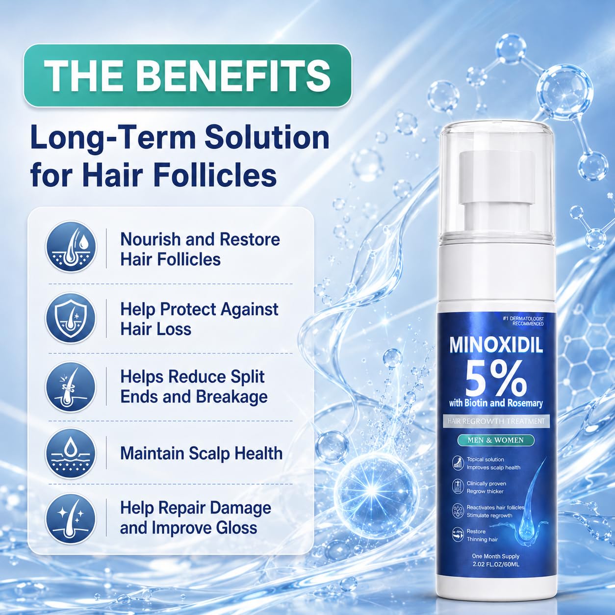 Minoxidil Hair Growth Serum for Men & Women - Extra Strength with Biotin & Rosemary for Thicker Hair | 60ML